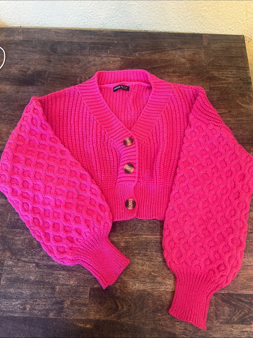 SHEIN Chunky Cable Balloon Sleeve Cropped Cardigan - Hot Pink